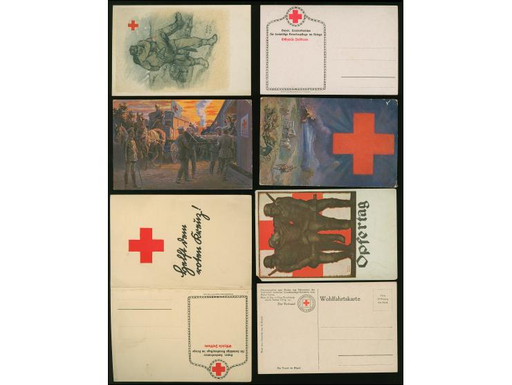 1914/15, Rotes Kreuz 15 Ansichtskarten und offiz. Postkarten teils gelaufen, dabei Zahlkarte für Spenden.