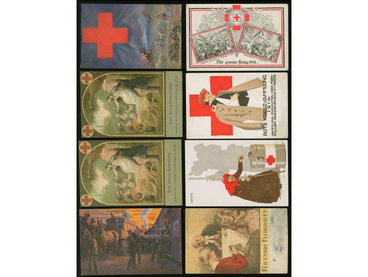 1914/15, Rotes Kreuz 15 Ansichtskarten und offiz. Postkarten teils gelaufen, dabei Zahlkarte für Spenden.