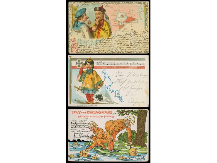 1898/1904, Drei Ansichtskarten mit interessanten Motiven, Landkarte und Fahne, zwei 'Gruss aus Kiautschou" und Schmähkarte mi