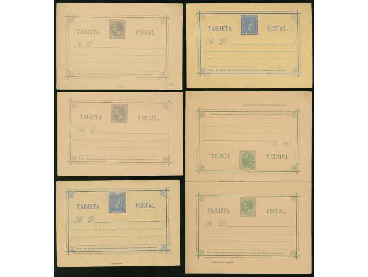 1889/92, 5 Postal stationery cards including answering card 15+15 c. grey-greene, all unused, tiny paper adhesives on reverse