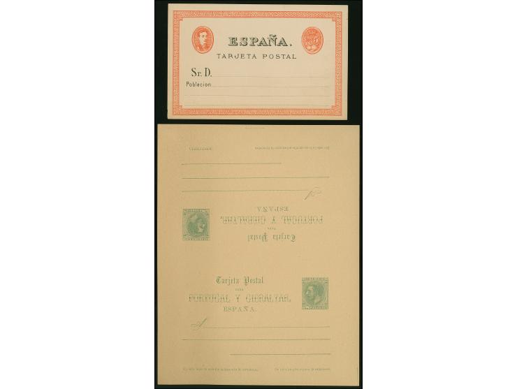 1875/84, Postal stationery answering card 5+5 c. grey-green unfold and unused, plus Essay card 1875, tiny paper adhesives on 