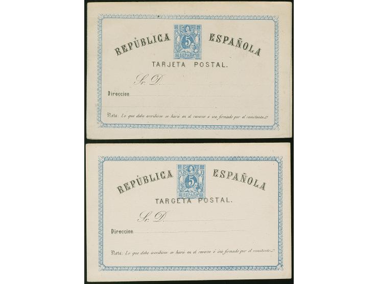 1873, Postal stationery card ‘TARGETA’ 5 c. blue with shifted black print into stamp and ‘TARJETA’ 5 c. blue printed on light