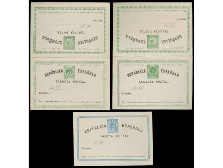 1873, Three Postal stationery cards ‘TARGETA’ 5+5 c. green and ‘TARJETA’ 5+5 c. green, plus 5 c. blue, all unused, tiny paper