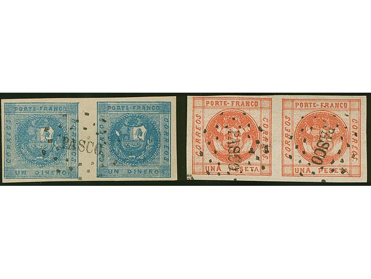 1858, 2nd issue 1 d. blue and 3rd issue 1 p. red (Background worn), each in horizontal pair with dotted “PASCO”, vf