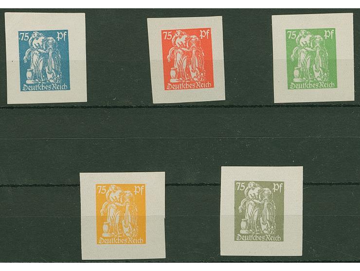 1921/22, Freimarken 75 Pfg., Essay in nicht ausgeführter Zeichnung auf Kunstdruckpapier, fünf Werte in verschiedenen Farben, 