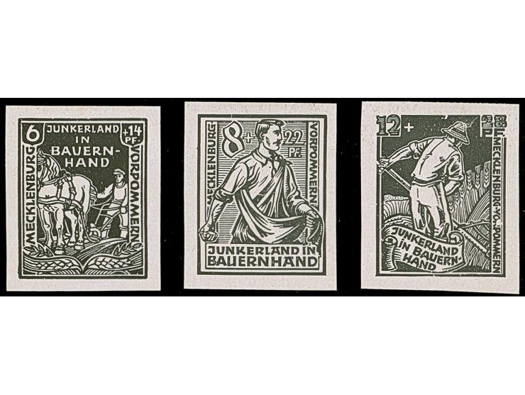 1945, Bodenreform 6 – 12 Pfg., ungezähnte Vorlagedrucke auf Chromopapier, ungummiert, tadellos. Private Signatur und Fotobefu