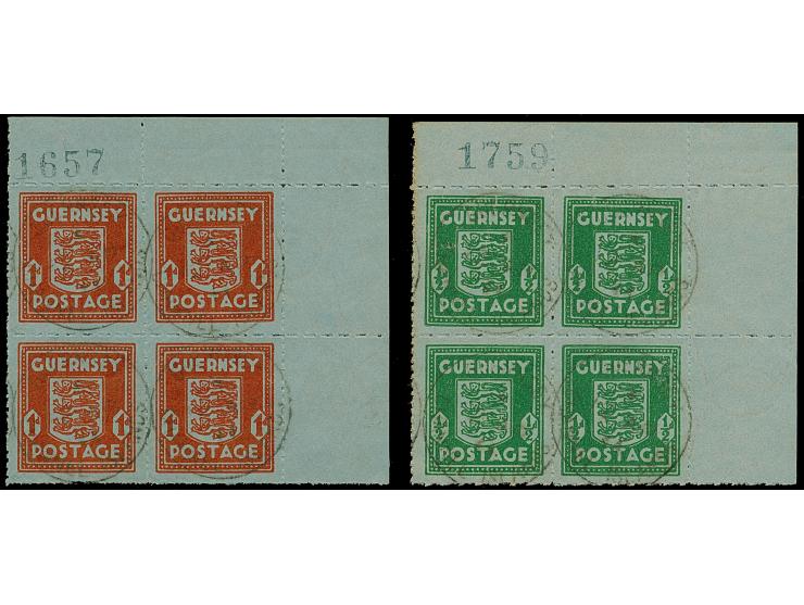 1942, Wappen ½ P. grün und 1 P. dunkelrot graublauem Papier, jeweils im Viererblock aus der rechten oberen Bogenecke mit Boge