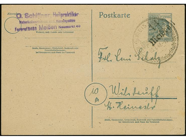 “14/Meißen 1” (Arge 14/62a) auf Karte Arbeiter 12 Pfg., mit Ortswerbestempel “Meissen 9.7.48”, nach Wilsdruff, rechts leicht 