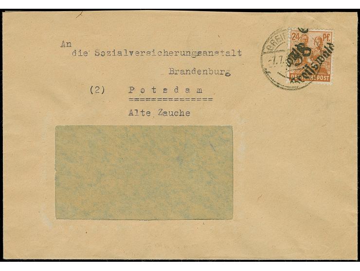 “38/Greifswald” auf Arbeiter 24 Pfg., auf portogerechtem Fernbrief von “GREIFSWALD -7.7.48” nach Brandenburg, Bedarfserhaltun