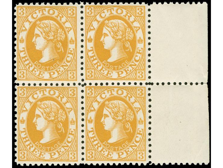 1905-13, 3 d. orange-brown, variety “Inverted wmk. Crown over A”, perf. 11, mint never hinged, right margin block of four, fr