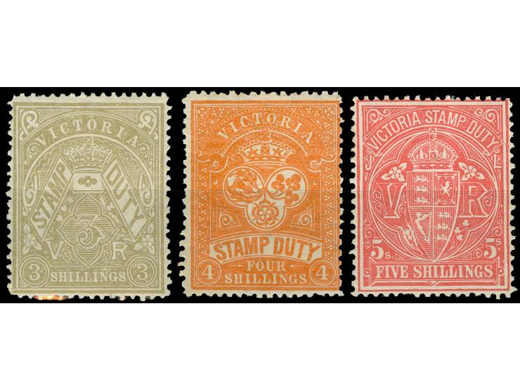 1884-96, 3 s. drab, 4 s. red-orange and 5 s. rosine, all wmk. V over Crown, perf. 12½, unused, tiny gum faults or crease, oth