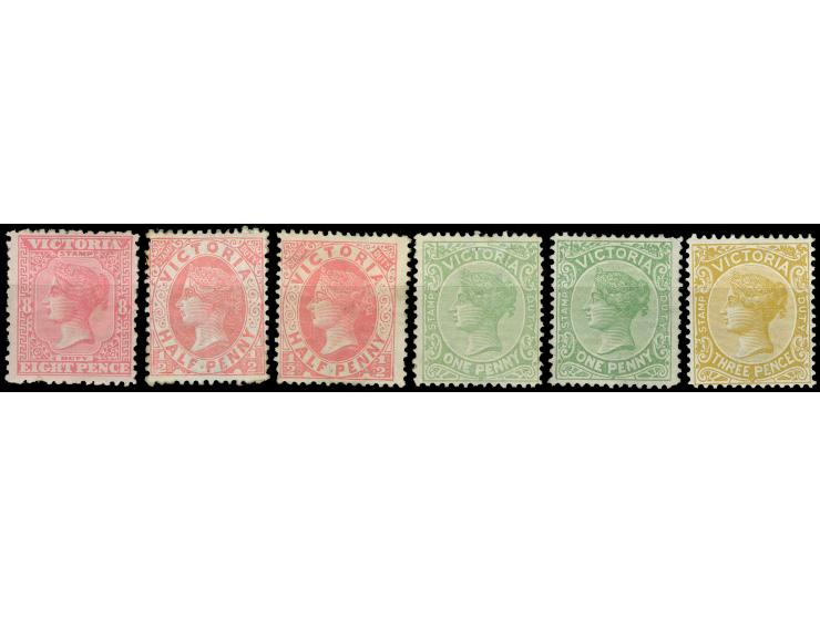 1885-95, 8 d. rose red on pink, 1/2 d. pale rosine, 1/2 d. salmon, 1 d. yellowish green, 1 d. dull pea-green and 3 d. yellowi