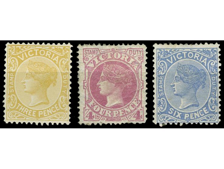 1885-95, 3 d. yellowish brown, 4 d. magenta and 6 d. cobalt, wmk. V over Crown, perf. 12½, unused "set" of three all regummed