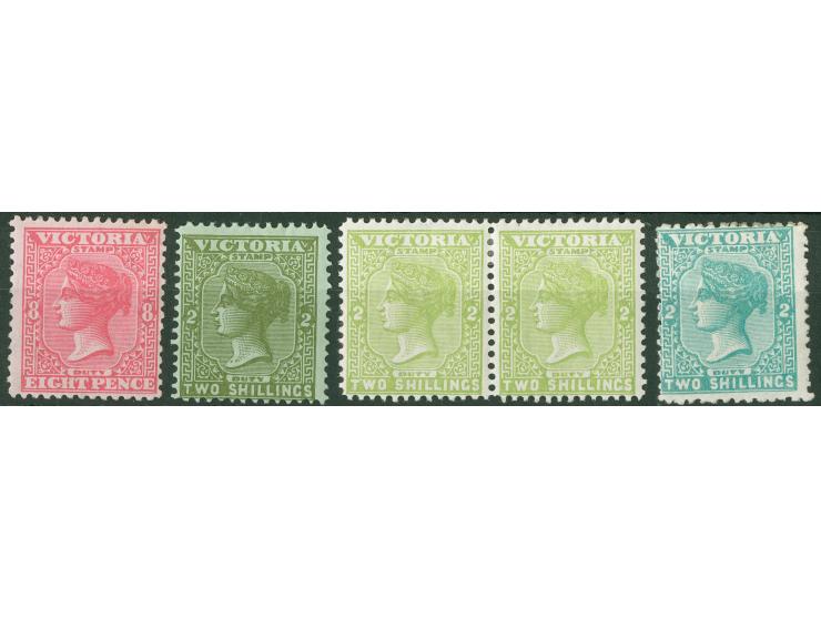 1885-95, 8 d. bright scarlet on pink, 2 s. olive-green on pale green, pair 2 s. apple-green and 2 s. blue-green, wmk. V over 