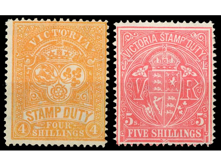 1886-1899, 4 s. orange and 5 s. rosine, wmk. V over Crown, perf. 12½, both unused no gum. Fine £ 350
