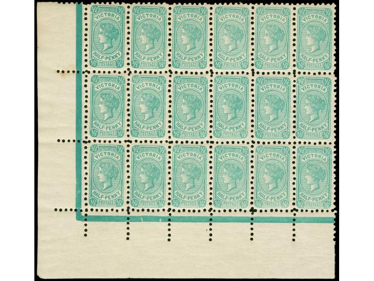 1901-10, Bantam ½ d. blue-green, Die II, wmk. Crown over A upright inverted, perf. 12½, an unused corner margin block of 18, 