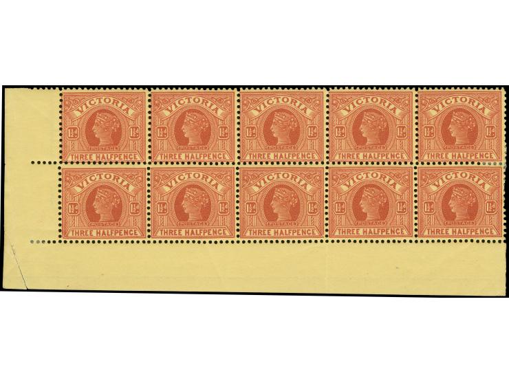 
1901-10, 1 ½ d. maroon on yellow, perf 12 x 12½, a corner margin block of ten, mint never hinged og. Very fine SG £ 104++

