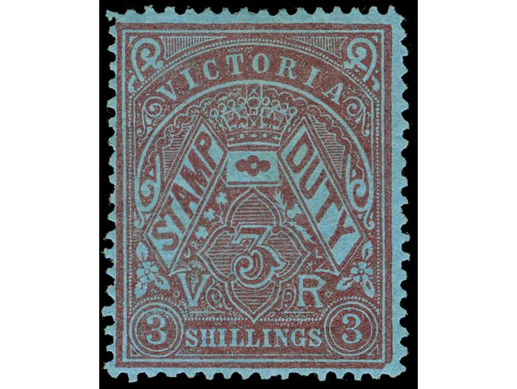 1884-96, 3 s. maroon on blue, glazed paper, wmk. V over Crown, perf. 12½, unused, deep colour and fine. SG £ 900
