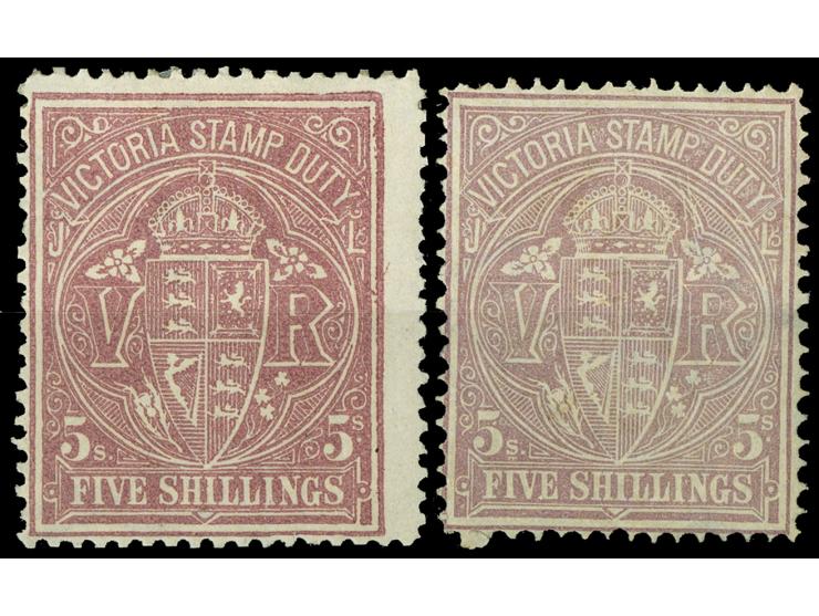 1884-96, 5 s. claret on yellow, two stamps showing shades, wmk. V over Crown, perf. 12½, unused regummed, otherwise fine. SG 