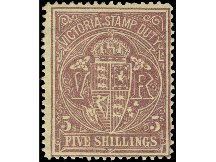 1884-96, 5 s. reddish purple on lemon, wmk. V over Crown, perf. 12½, unused regummed, otherwise fine. SG £ 120
