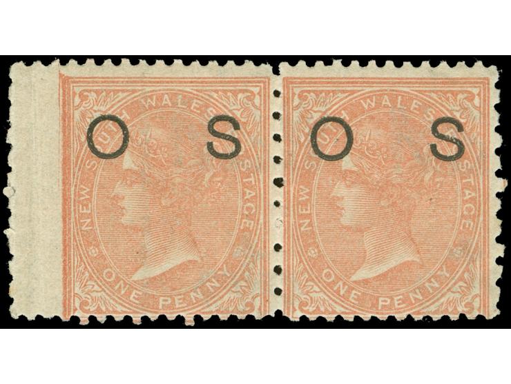 1879, 1 d. salmon, horizontal margin pair, overprinted "OS" in black, wmk. Crown over NSW, perf. 13x10, mint never hinged, fi