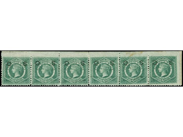 1879, 5 d. green, horizontal corner margin strip of six, overprinted "OS" in black, inverted wmk. Crown over NSW &amp; “WALES