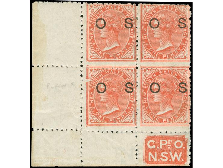 1882-85, 1 d. orange, overprinted "OS" in black, wmk. Crown over NSW, comb perf. 11 x 12, an unused bottom left corner margin