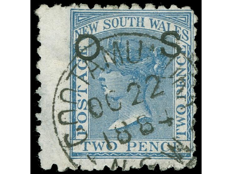 1882-85, 2 d. blue, overprinted "OS" in black showing variety 9,5 mm instead of 7 mm, wmk. Crown over NSW, rough perf. 10, a 