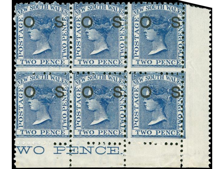 1882-85, 2 d. blue, overprinted "OS" in black (off-set impressions on reverse), corner margin showing imprint “.WO PENCE”, wm