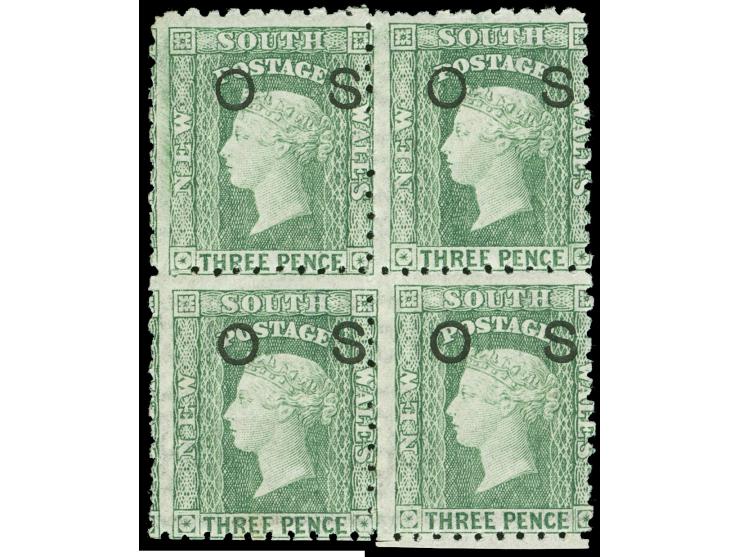 1882-85, 3 d. blueish green, overprinted "OS" in black (7 mm), bottom margin block of four, wmk. Crown over NSW, perf. 10, un