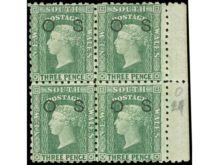 1882-85, 3 d. yellow-green, overprinted "OS" in black (5,5 mm), right margin block of four, wmk. Crown over NSW, perf. 10, un