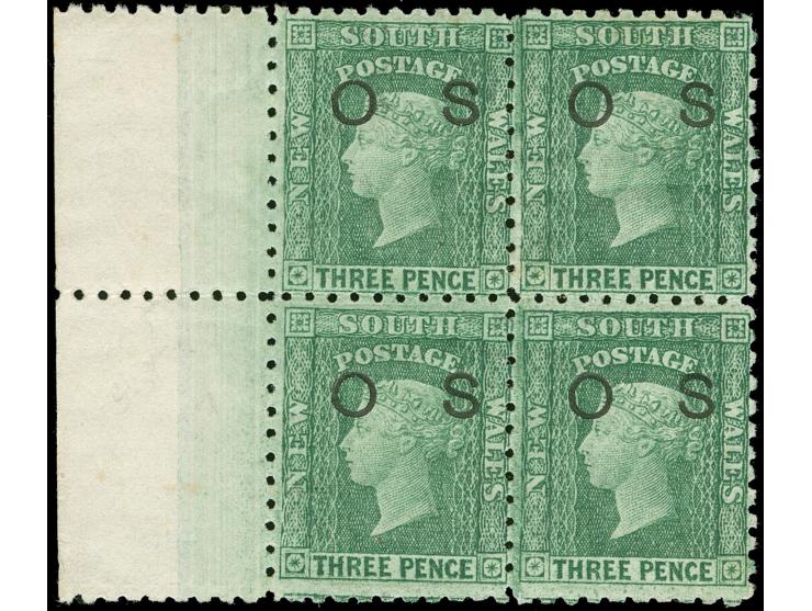 1882-85, 3 d. blueish green, overprinted "OS" in black (5,5 mm), left margin block of four, wmk. Crown over NSW, perf. 10, mi