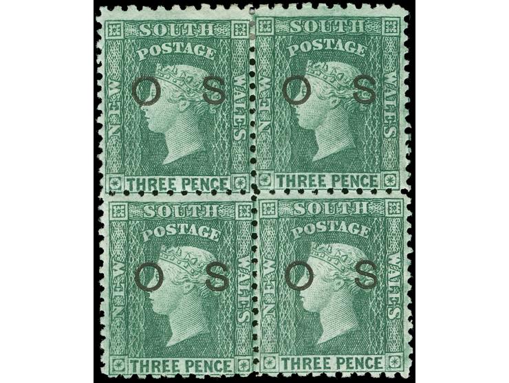 1882-85, 3 d. blueish green, overprinted "OS" in black (5,5 mm), block of four, inverted wmk. Crown over NSW, perf. 10x12, un