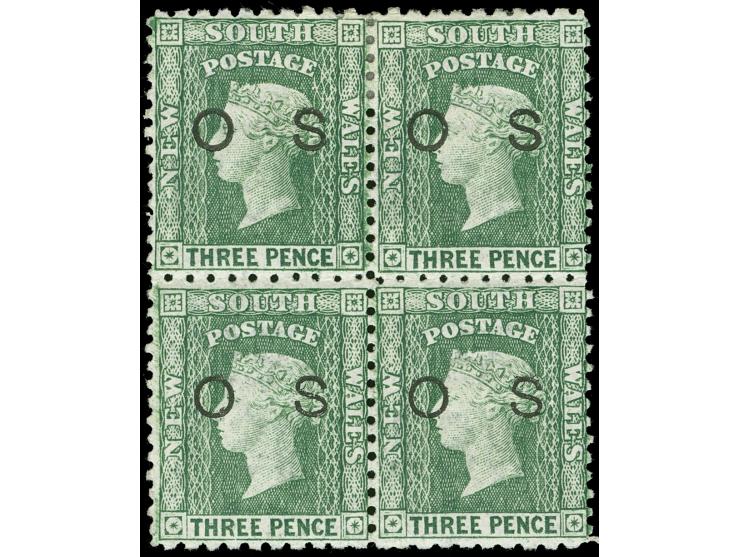 1882-85, 3 d. yellow-green, overprinted "OS" in black (5,5 mm), block of four, wmk. Crown over NSW, perf. 10x12, unused, bott