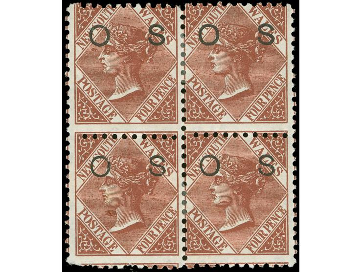 1882-85, 4 d. red-brown, overprinted "OS" in black, block of four, wmk. Crown over NSW, perf. 11x12, unused, few short perfs 
