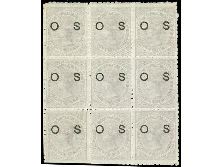 1882-85, 6 d. pale lilac, overprinted "OS" in black, block of nine, wmk. Crown over NSW, perf. 10, unused, seven stamps mint 
