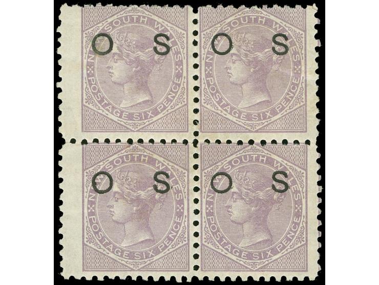 1882-85, 6 d. mauve, overprinted "OS" in black, block of four, wmk. Crown over NSW, perf. 10, unused, fine.
