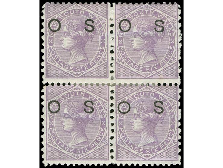 1882-85, 6 d. mauve, overprinted "OS" in black, block of four, inverted wmk. Crown over NSW, perf. 10x12, unused, fine.
