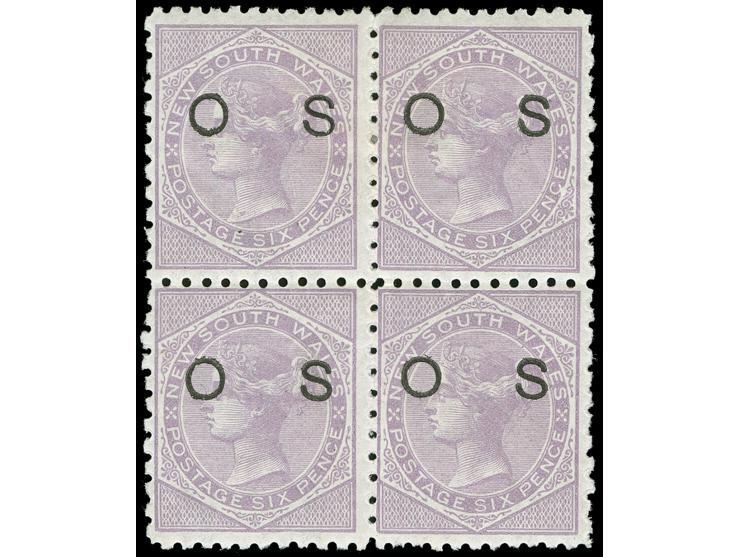 1882-85, 6 d. mauve, overprinted "OS" in black, block of four, wmk. Crown over NSW, perf. 11x10, unused, fine.
