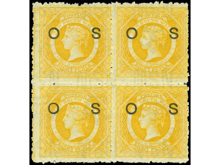 1882-85, 8 d. yellow, overprinted "OS" in black, block of four, wmk. Crown over NSW, perf. 10x12, unused, fine.

