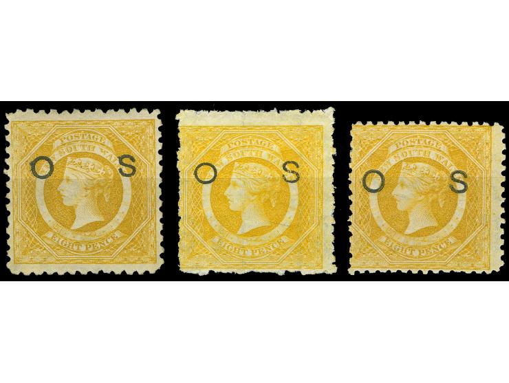 1882-85, Three stamps 8 d. yellow, overprinted "OS" in black, wmk. Crown over NSW, different perfs 10, 10x12 and 11. all unus
