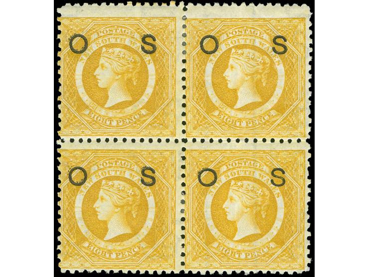 1882-85, 8 d. yellow, overprinted "OS" in black, block of four, wmk. Crown over NSW, perf. 11, unused, tiny gum crease, other