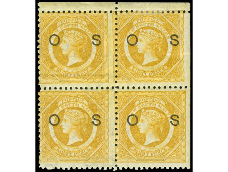 1882-85, 8 d. yellow, overprinted "OS" in black, block of four, wmk. Crown over NSW, margin stamp no wm., perf. 11, unused, b