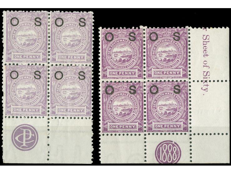 1888-90, 1 d. lilac and 1 d. mauve, two margin imprint blocks of four “PC” &amp; “1888”, overprinted "OS" in black, wmk. Crow