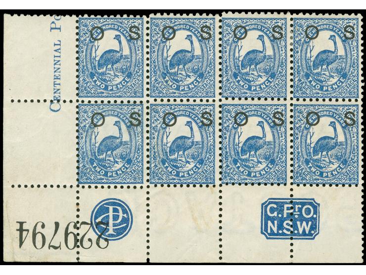1888-90, 2 d. prussian blue, overprinted "OS" in black, wmk. Crown over NSW, margin imprint block of eight “PC” &amp; “G.P.O.