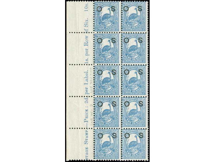1888-90, 2 d. prussian blue, overprinted "OS" in black, wmk. Crown over NSW, block of ten showing margin imprint “Postage sta