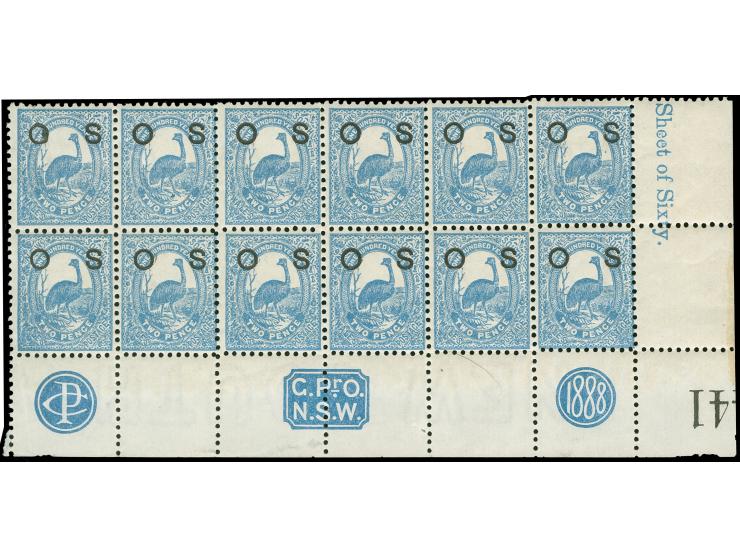1888-90, 2 d. prussian blue, overprinted "OS" in black, wmk. Crown over NSW, block of 12 showing margin imprint “PC” &amp; “G