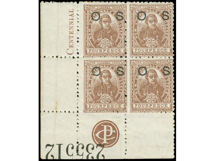 1888-90, 4 d. purple-brown, overprinted "OS" in black, wmk. Crown over NSW, left bottom corner block of four showing margin i