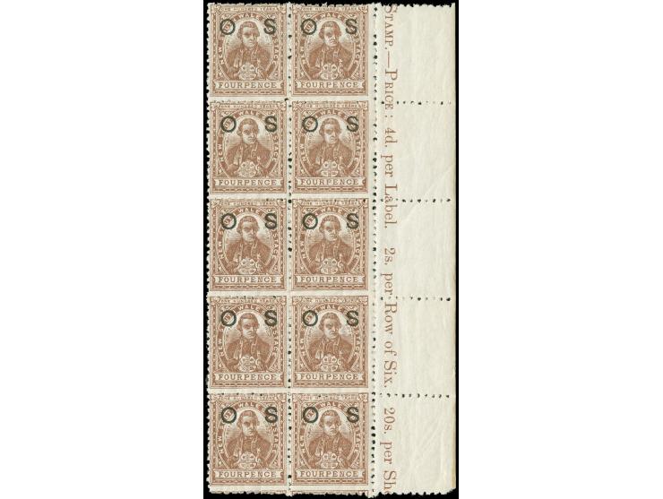 1888-90, 4 d. purple-brown, overprinted "OS" in black, wmk. Crown over NSW, block of ten showing margin imprint “stamp Price 