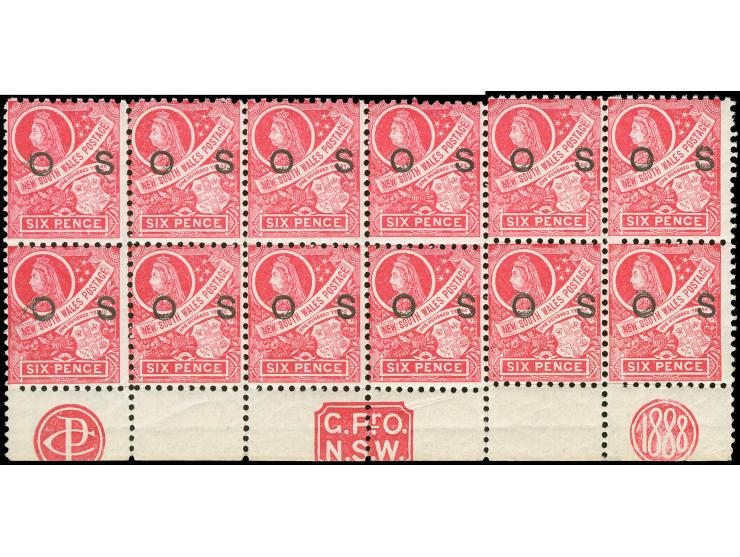 1888-90, 6 d. carmine, overprinted "OS" in black, wmk. Crown over NSW, block of 12 showing margin imprint “PC” &amp; “G.P.O.N
